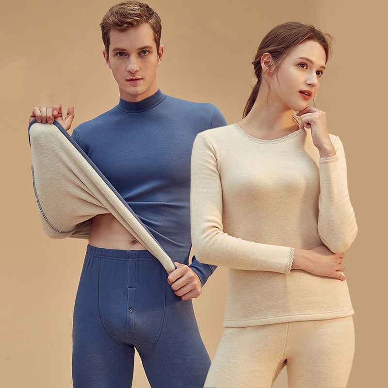 顶呱呱男士保暖内衣套装加绒加厚冬季彩棉半高领女秋衣秋裤棉毛衫