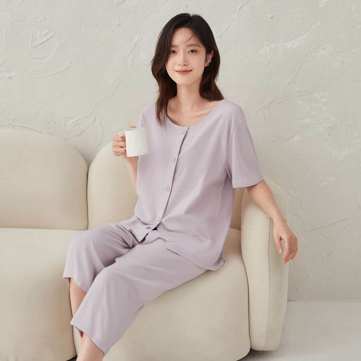 顶瓜瓜女士纯色纯棉开襟圆领短袖