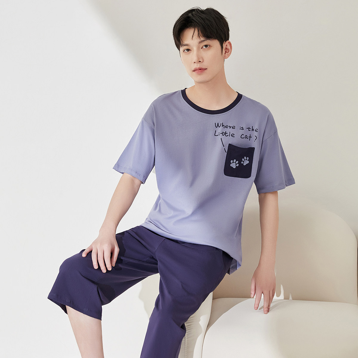 顶瓜瓜男士夏季新品纯棉宽松短袖睡衣套装顶呱呱圆领套头家居服