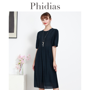 Phidias大码女装格子连衣裙女夏季2025年新款复古遮肚显瘦中长裙