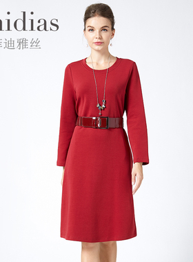 Phidias早秋女神范衣服气质高端连衣裙微胖长袖中长款红色减龄裙