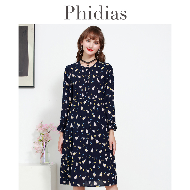 Phidias碎花雪纺连衣裙子2025秋新款大码女装遮肉显瘦气质中长裙