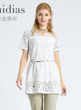 Phidias蕾丝衫女短袖洋气时尚收腰遮肚子中长款时髦减龄上衣
