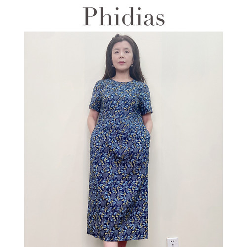 Phidias法式蓝色碎花连衣裙2026夏新款圆领收腰显瘦过膝中长裙子