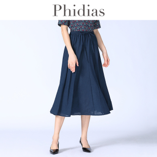 Phidias格子半身裙女2025春夏新款 田园风高腰松紧腰百褶裙a字裙子
