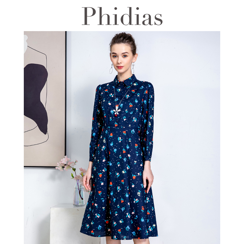 Phidias印花连衣裙女2024春季新款时尚收腰显瘦遮肚长袖中长裙子