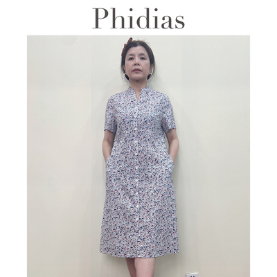 Phidias高级感碎花短袖连衣裙女2025年夏季女装洋气显瘦中长裙子