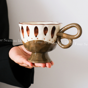 中古风手作蝴蝶把绿棕叶马克杯高颜值咖啡杯陶瓷水杯子小众礼物