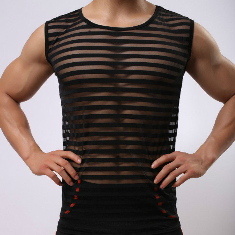 男士横纹镂空性感冰丝背心打底t恤 丝滑凉爽超薄弹性无袖网纱背心