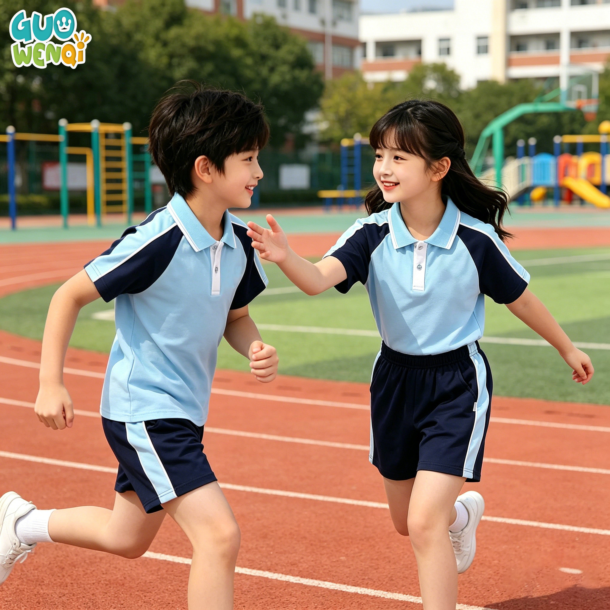 儿童深圳校服套装男女学生夏装短袖短裤运动风蓝白校服幼儿园礼服