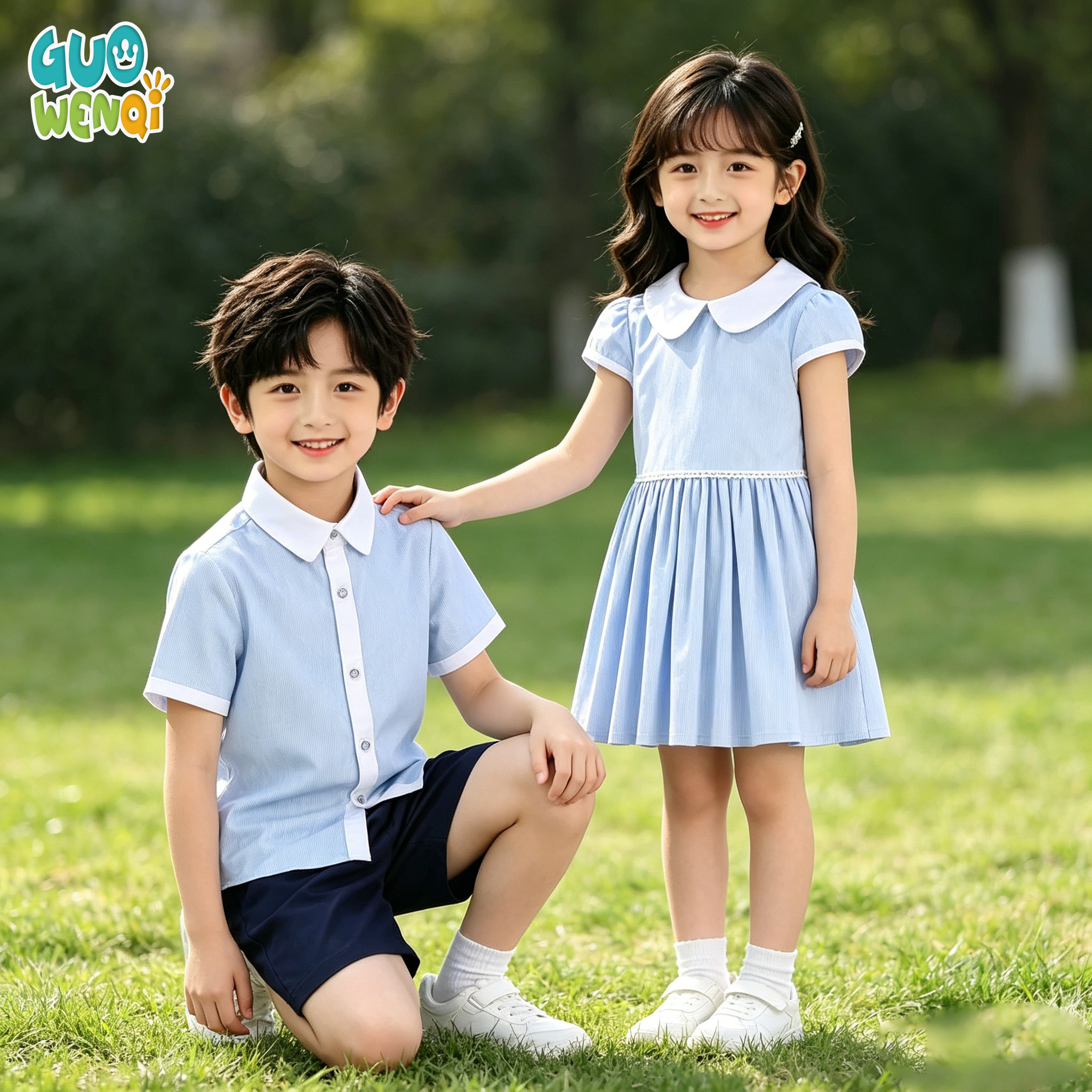 深圳学院风幼儿园校服园服儿童蓝色衬衫百褶裙小学生演出服表演服