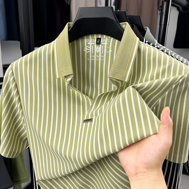 夏季新品条纹小V领POLO领常规都市风格条纹休闲风Polo衫T恤