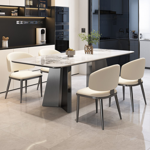 国补小户型意式极简白色岩板长方形餐桌椅组合家用现代简约饭桌子