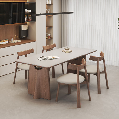 中古风长方形实木岩板餐桌