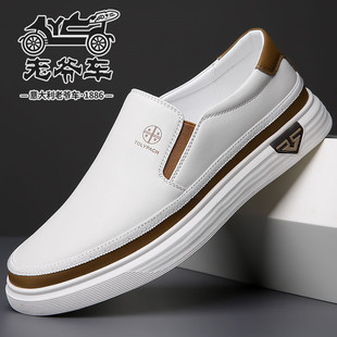 休闲皮鞋 老爷车男鞋 子开车男士 一脚蹬休闲鞋 男 男软面真皮白色鞋