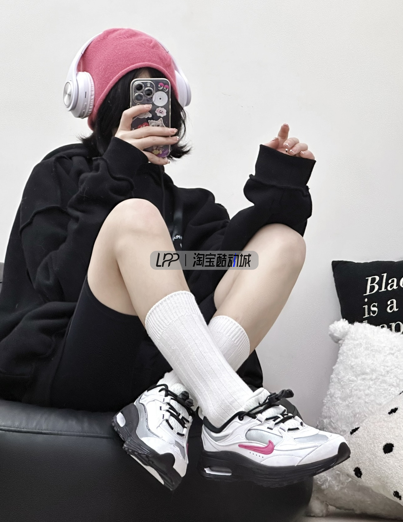 LPP定制球鞋 Nike Air Max Bliss机能少女风甜酷黑白粉气垫休闲鞋