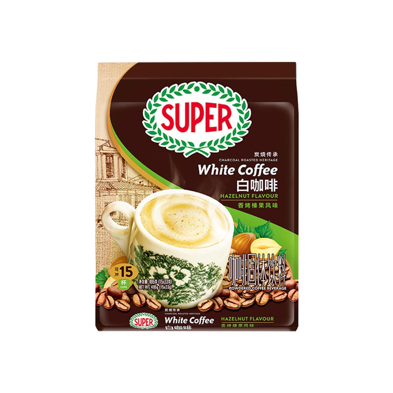 原装马来西亚进口super超级牌炭烧榛果味三合一速溶白咖啡粉袋装