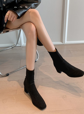 绒面粗高跟短靴女2025秋冬新款切尔西靴中跟5cm方头瘦瘦靴