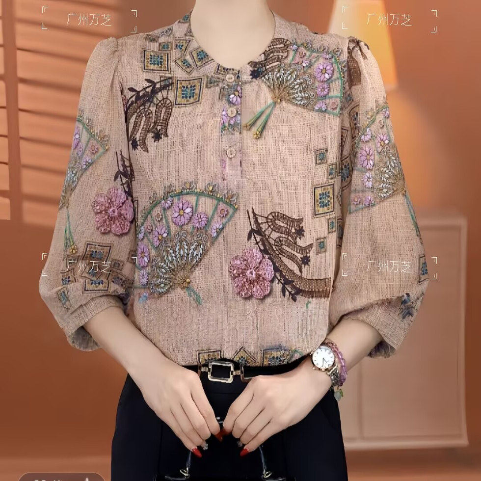 【洒银工艺】夏季复古扇子花冰丝雪纺衬衫气质妈妈装七分袖小衫