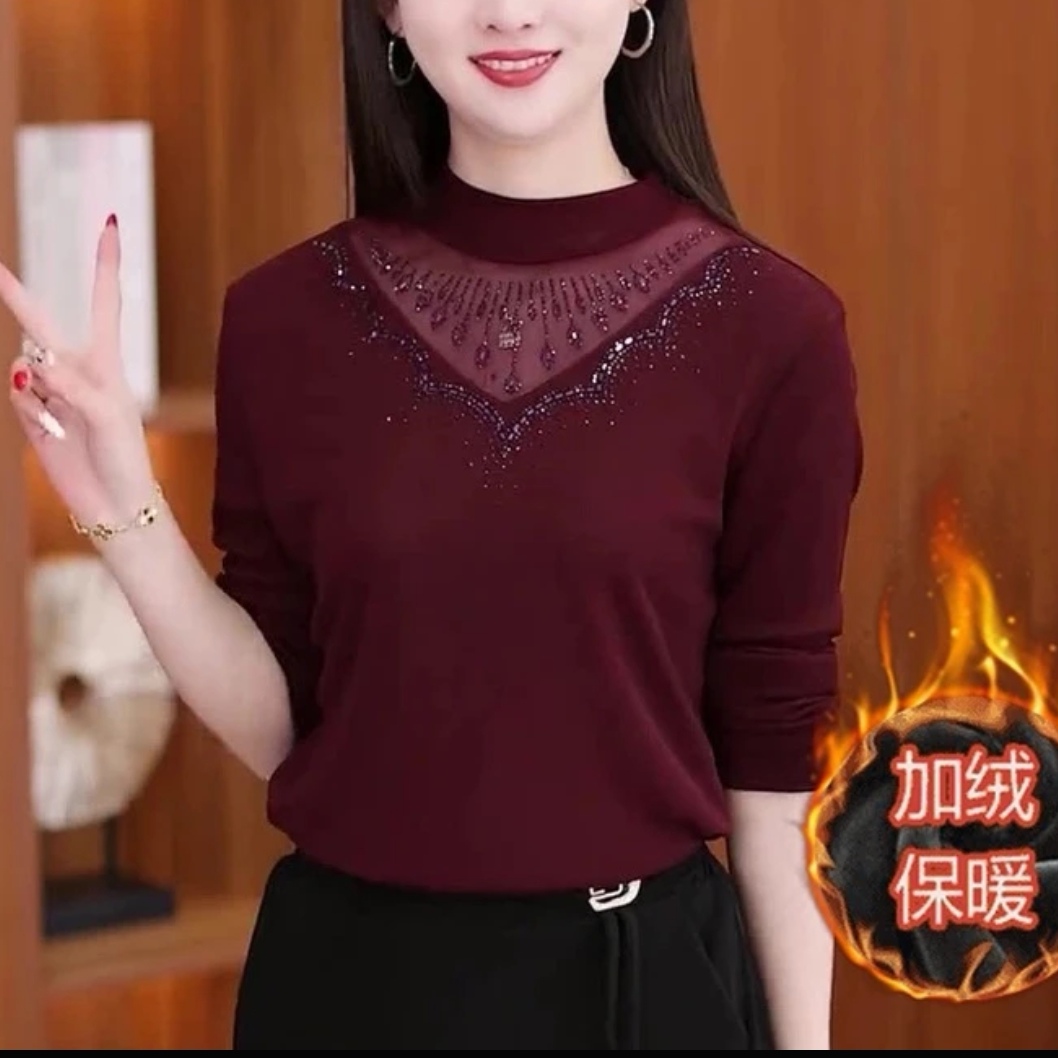 加绒加厚半高领烫钻网纱打底衫长袖秋冬胖mm外穿洋气内搭保暖小衫