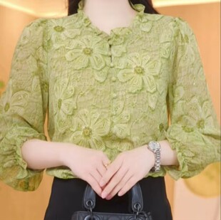 2026新款春夏薄款木耳领碎花冰丝衬衫女长袖大码胖mm遮肚显瘦雪纺