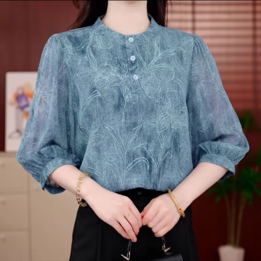 【洒银工艺】夏季雪纺七分袖冰丝衬衫宽松轻薄妈妈装雪纺透气小衫