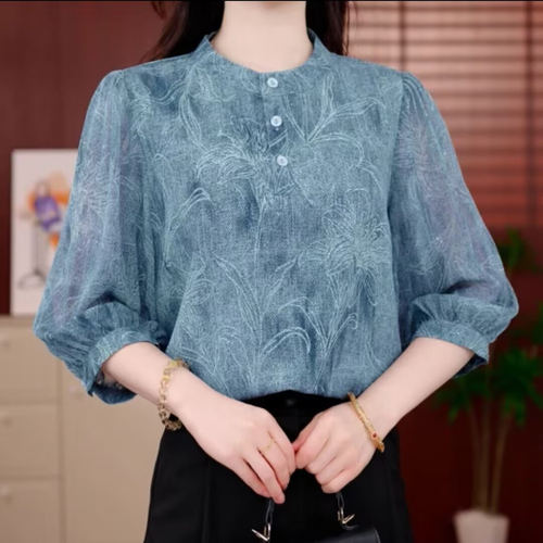 【洒银工艺】夏季雪纺七分袖冰丝衬衫宽松轻薄妈妈装雪纺透气小衫