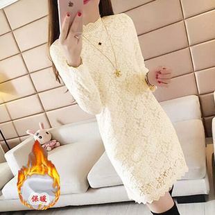 加绒加厚蕾丝打底衫长袖中长款秋冬季小个子配大衣保暖内搭连衣裙