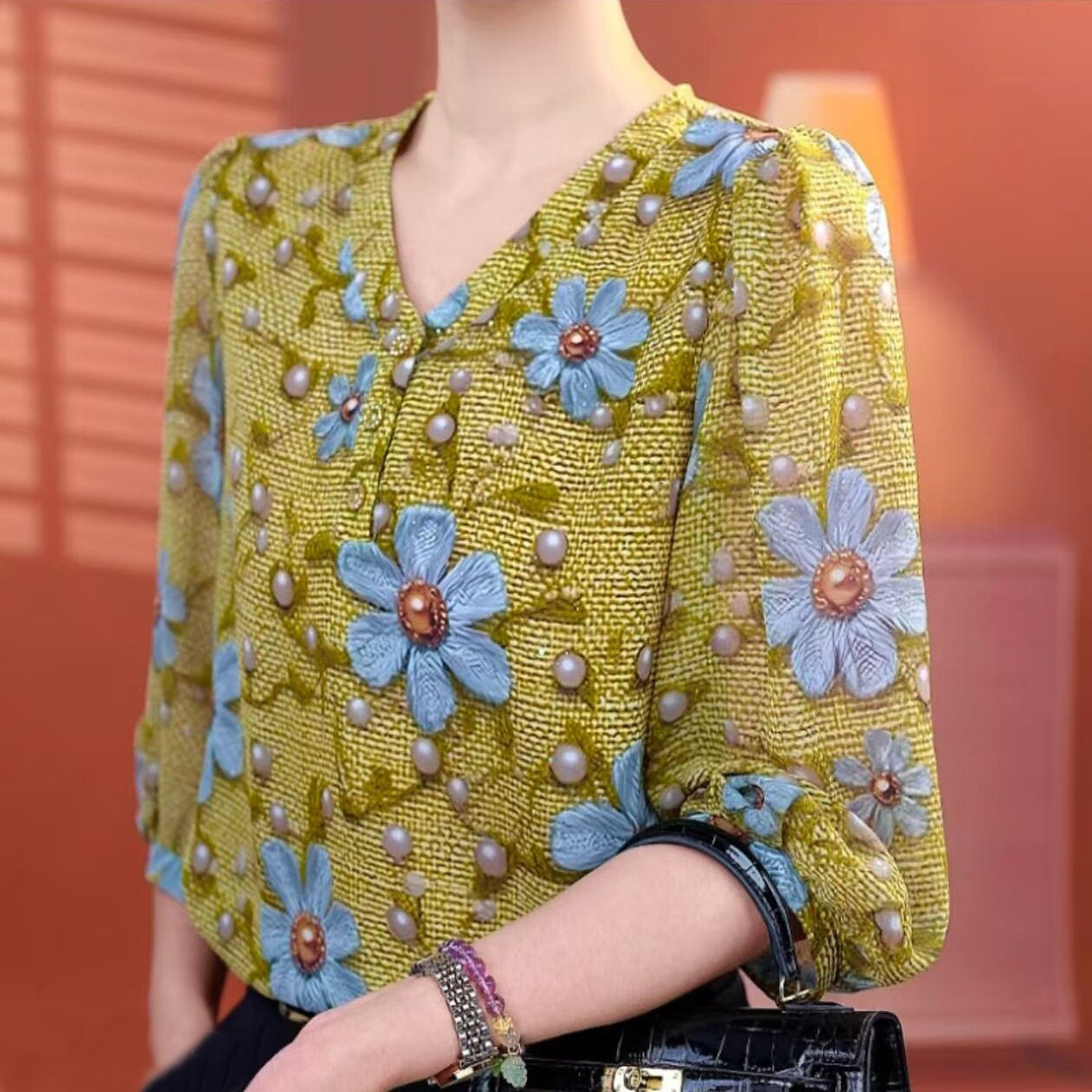 【洒银工艺】夏季七分袖薄款V领冰丝衬衫宽松大妈显瘦防晒小衫