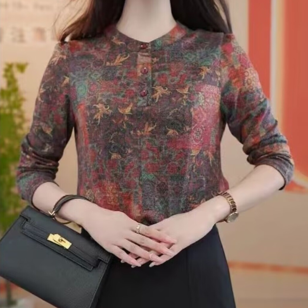 秋季薄款长袖印花弹力针织小衫遮肉显瘦中年妈妈T恤打底衬衫