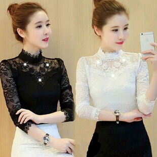 2025新款春夏秋蕾丝打底衫女加绒保暖洋气小衫蕾丝上衣长袖t恤冬