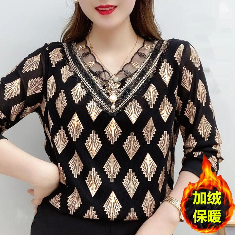 长袖韩版加绒烫钻网纱女打底衫