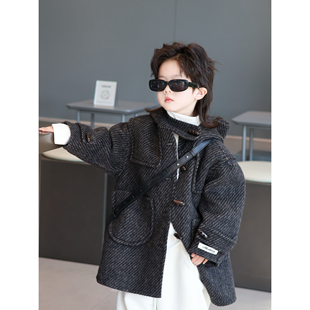 风毛呢外套宽松秋冬款 中长款 M6608 纯色上衣长袖 秘密花园连帽厚款