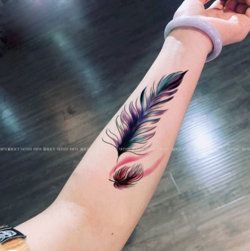 酷玩天下暗彩大羽毛 纹身贴 蓝紫水墨 防水女花臂疤痕纹身贴纸