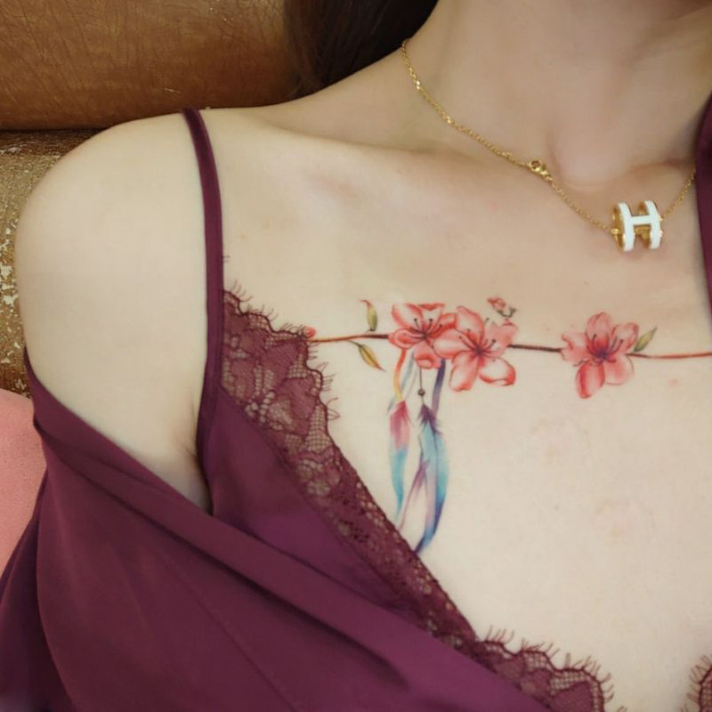 酷玩天下纹身贴 古风桃花羽毛手环 超仙粉色花朵花瓣脚踝 防水女