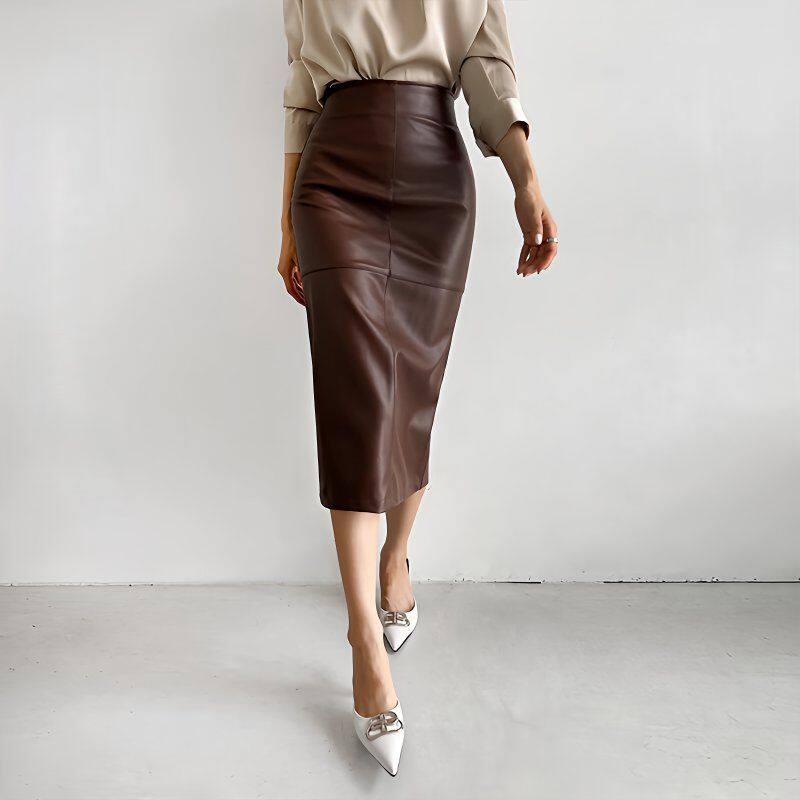 璇璇家秋冬一步裙2025最新款复古开叉高级感PU直筒半身裙女款皮裙