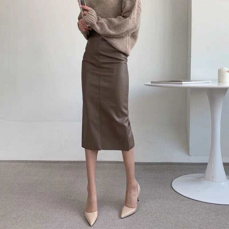 璇璇家秋冬款小皮裙女真皮中长款半身裙直筒高腰后开叉包臀一步裙