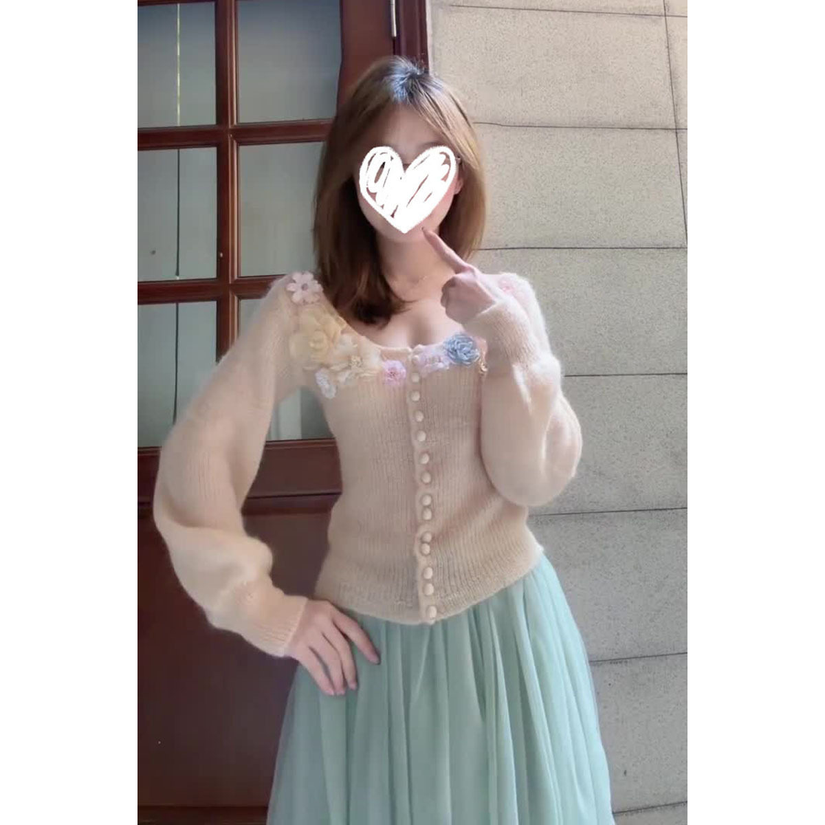 设计粉色针织开衫立体花朵绝美毛衣上衣女春季新款网纱半身裙套装