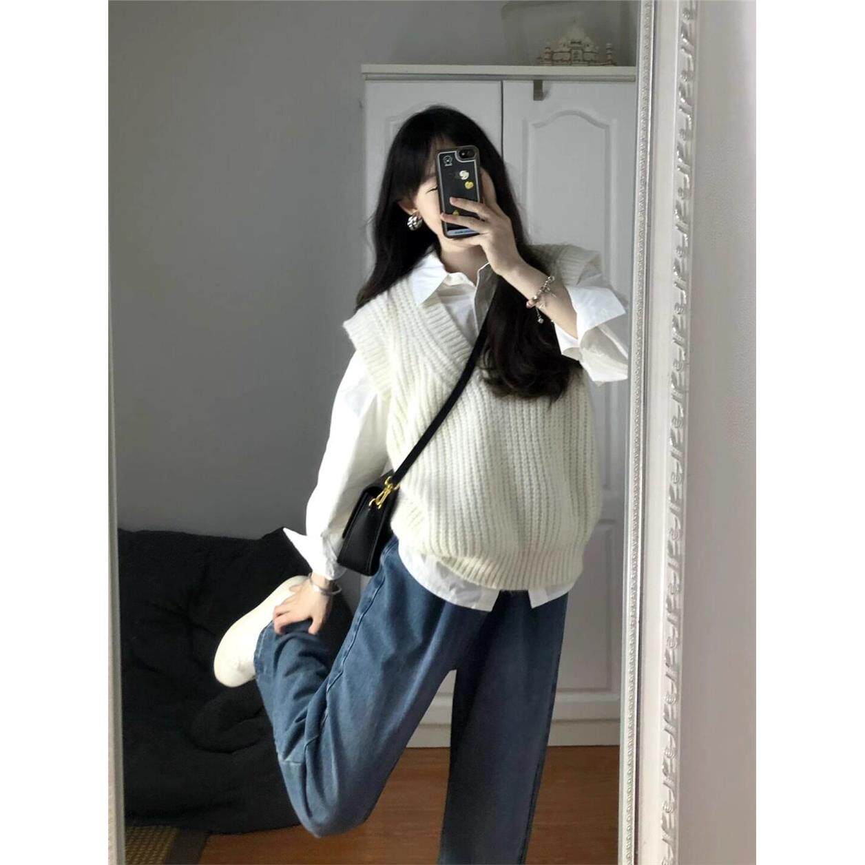 学院风白色毛衣内搭衬衫马甲女2025新款秋装叠穿针织背心上衣马夹