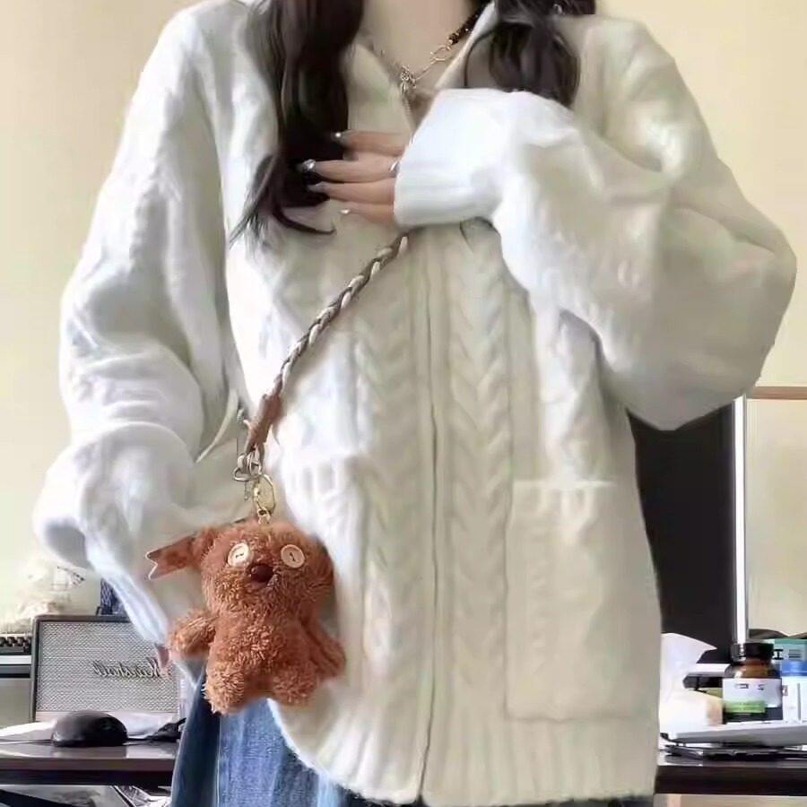 新款韩系慵懒风白色毛衣外套女早秋季小个子内搭针织开衫加厚