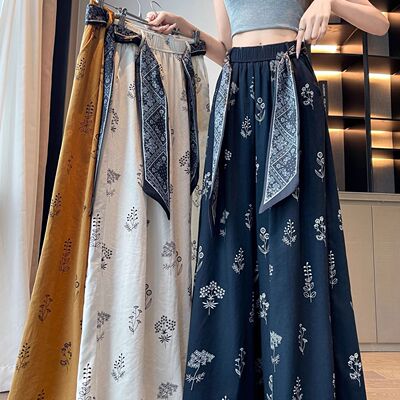 个性小碎花复古舒适九分裤女新款夏季薄款宽松bf慵懒风时尚阔腿裤