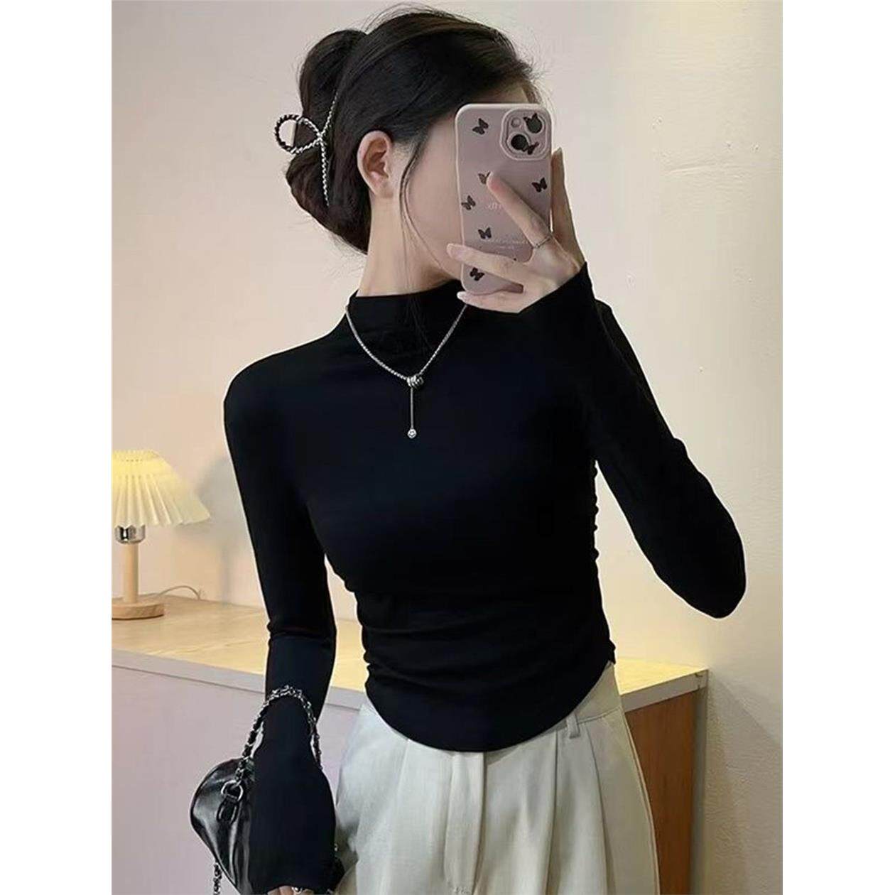 秋冬加厚内搭德绒打底衫女设计感收腰显瘦长袖外穿上衣t恤半高领