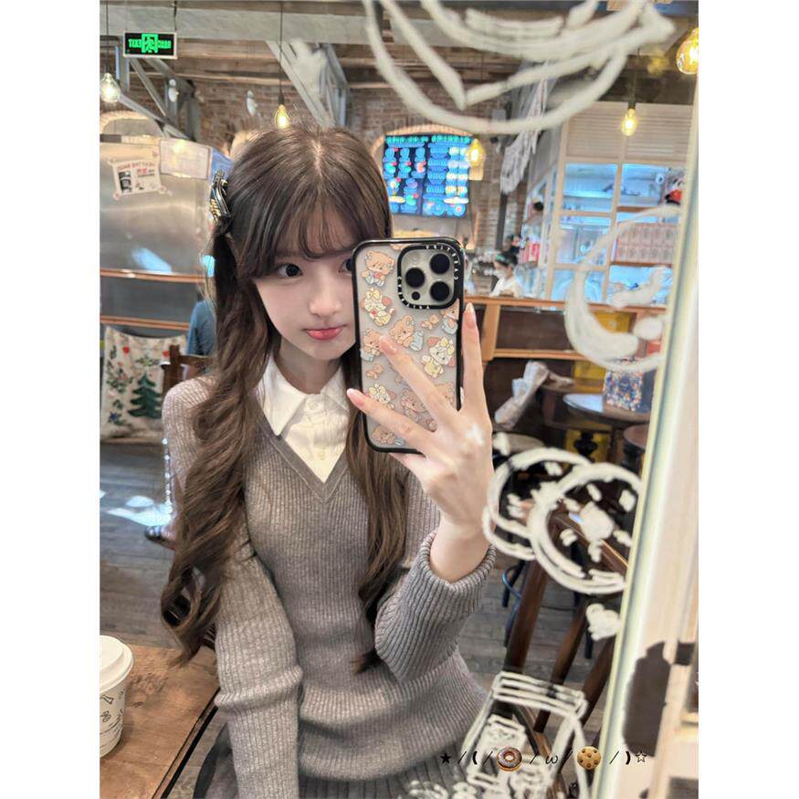 韩系学院风拼接假两件针织衫女秋冬显瘦内搭毛衣长袖上衣配半身裙