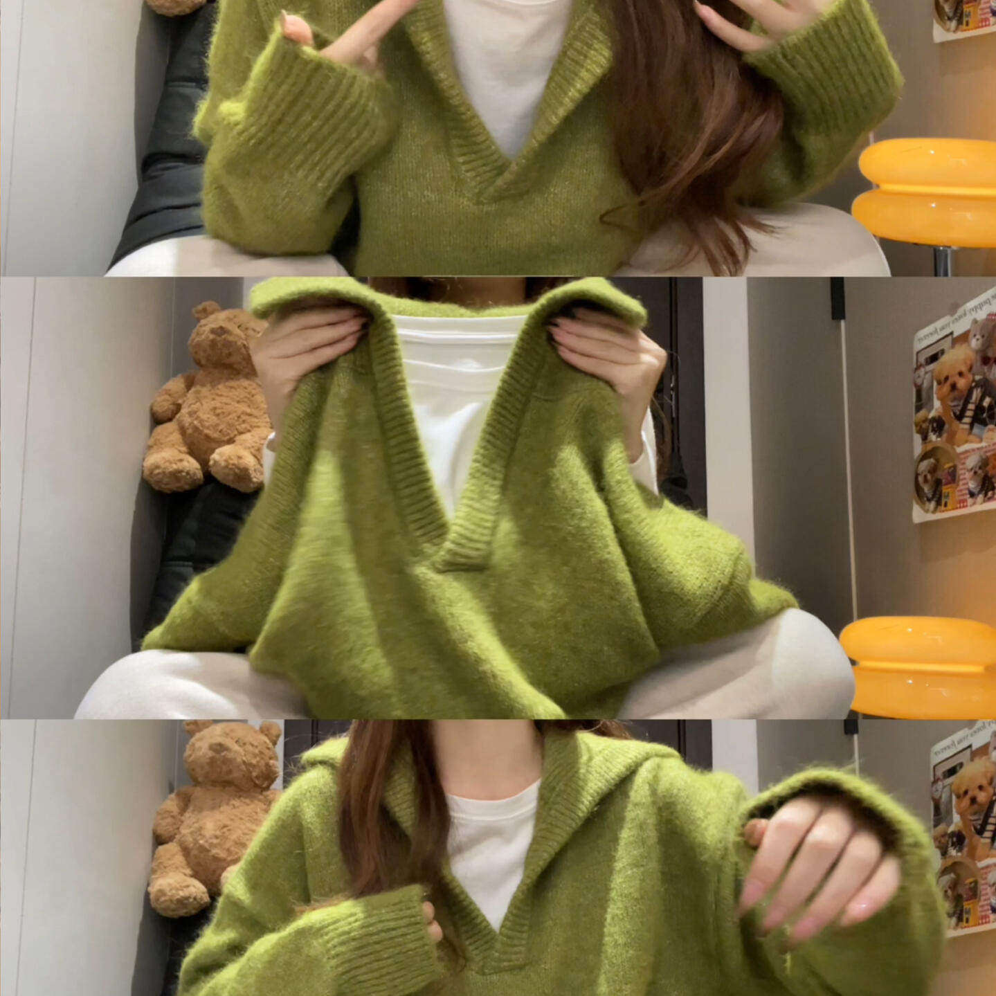 超好看复古冬季软糯翻领毛衣女慵懒宽松针织衫绿色高级感上衣外套