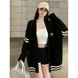 大码黑色V领针织毛衣外套女春秋冬季日系慵懒风宽松开衫长袖上衣