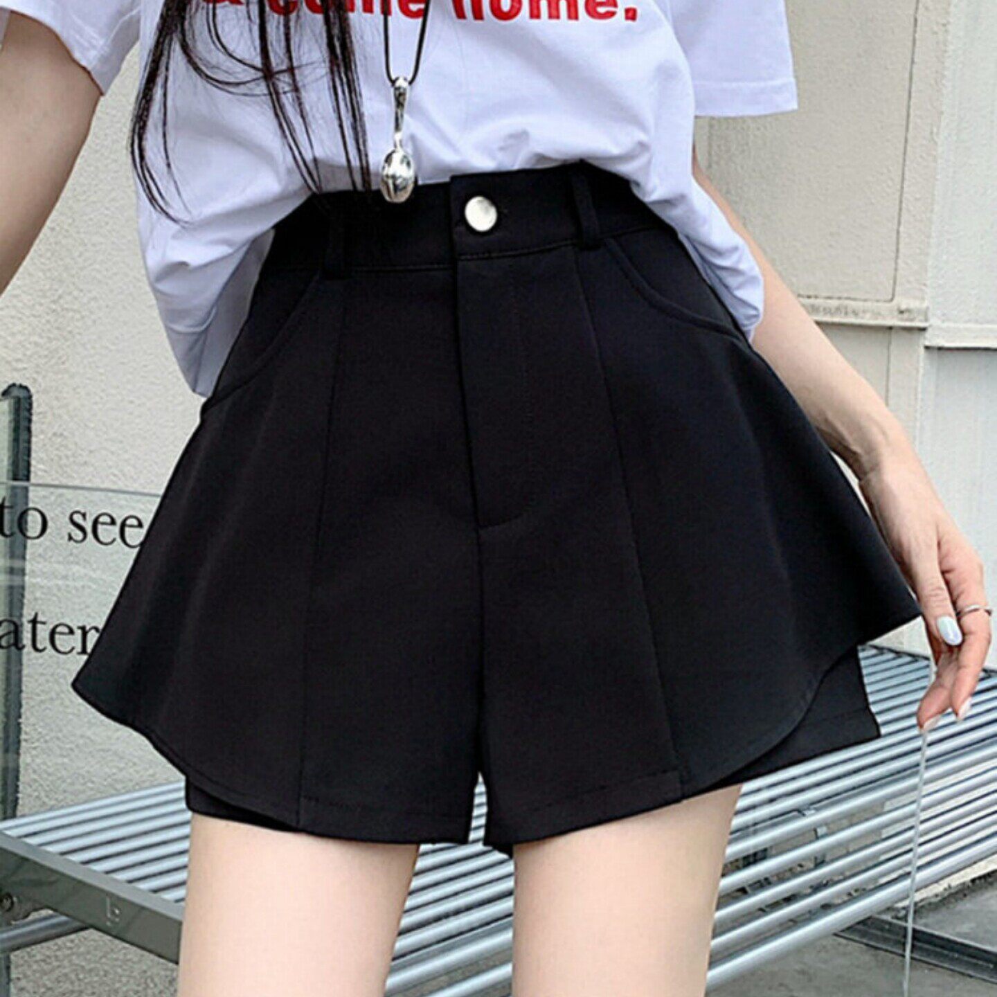 大码黑色西装短裤夏季新款胖mm高腰显瘦a字遮肚阔腿裤休闲裙裤裙