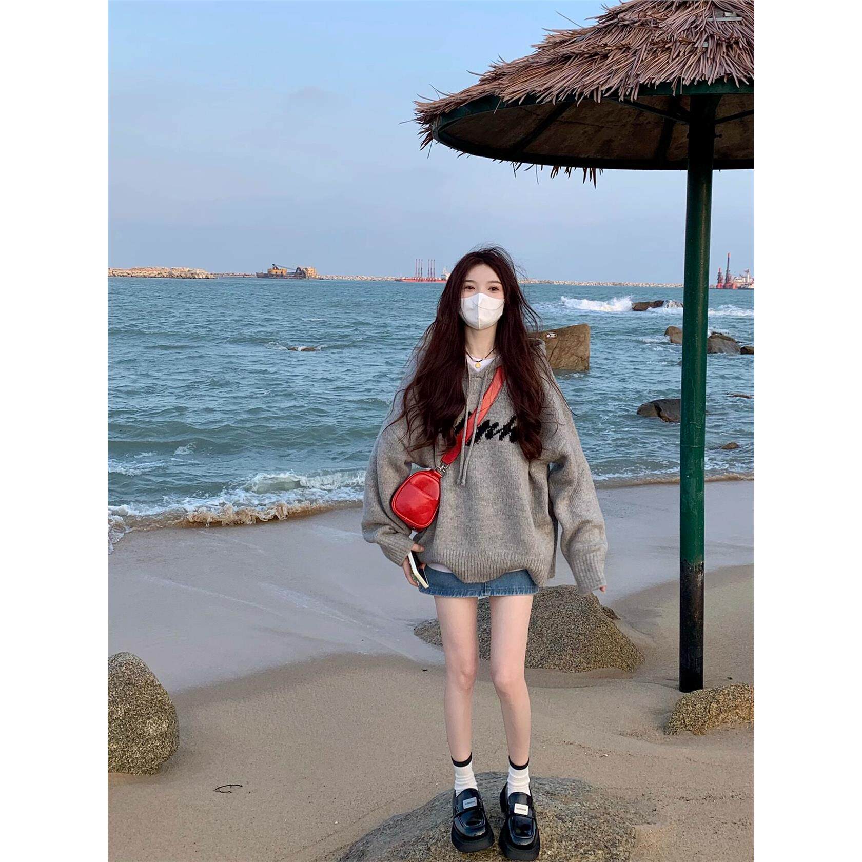 灰色连帽针织衫卫衣女秋季美式覆古宽松慵懒风中长版毛衣外套上衣