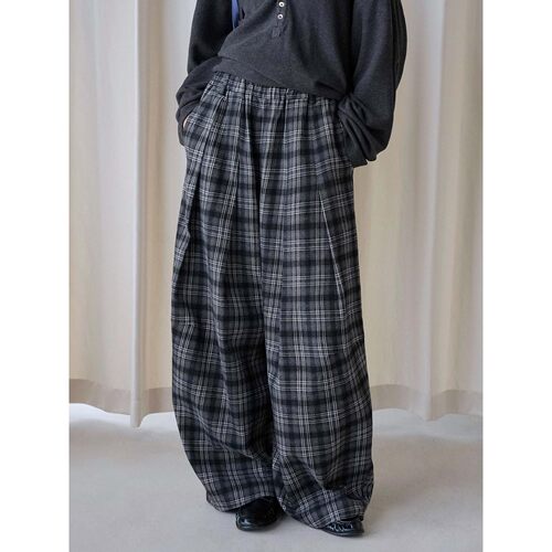 秋冬新款日系解构设计感复古格纹松紧腰休闲裤宽松显瘦长裤女