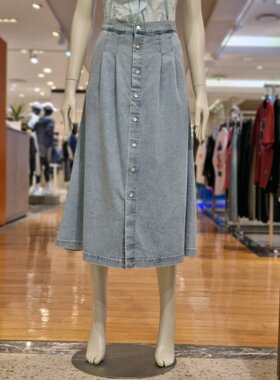 GUESS/盖尔斯韩国代购直邮26夏女士休闲压褶单排扣中长半身裙