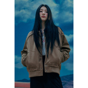 GUESS/盖尔斯韩国代购26秋秀智同款男女毛呢保暖翻领夹克宽松外套